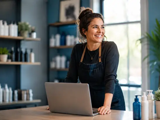 A small service-business owner smiling while working on a laptop at the front desk